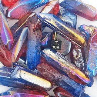 Bergkristall beh. "Aura Quarz rot/blau" getrommelte Spitzen ca. 3-5cm VE500g